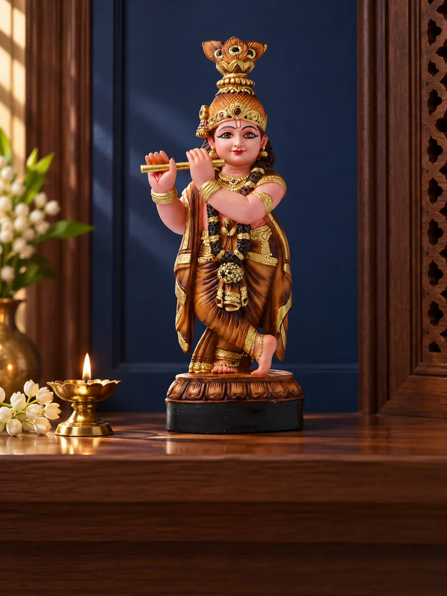 Guruvayoor Krishna idol styled in a warm wooden prayer alcove