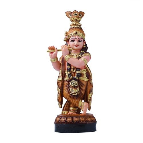 PolyMarble Guruvayoor Krishna Idol | Decorative Hindu God Statue | Kanhaji Murti Showpiece | Figurine Home Decor | Craft Gifts for House Warming for Living Room, Temple, Brown Idol